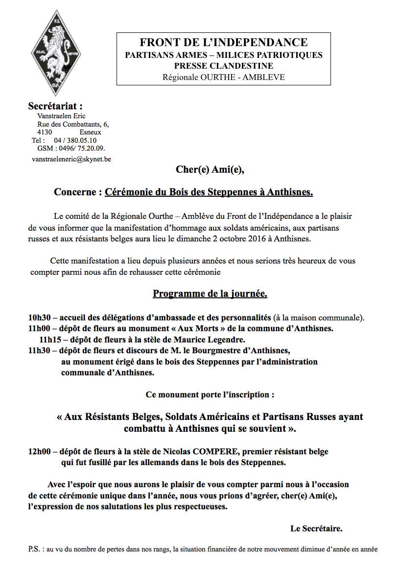 Invitation. Cérémonie du Bois des Steppennes à Anthisnes. 2016-10-02